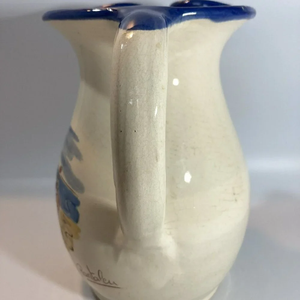 Ceramiques Signed Pantaleu Pitcher Vase Spain Glazed Cream Blue Beach‎ Scene